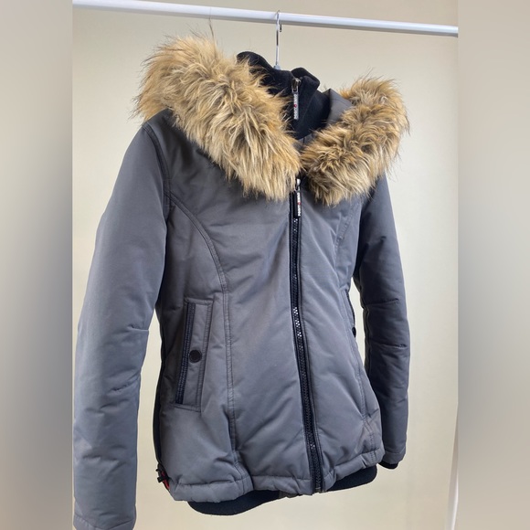 Point Zero High Neck Graphite Winter Jacket with Hooded Faux Fur Trim - Picture 4 of 14